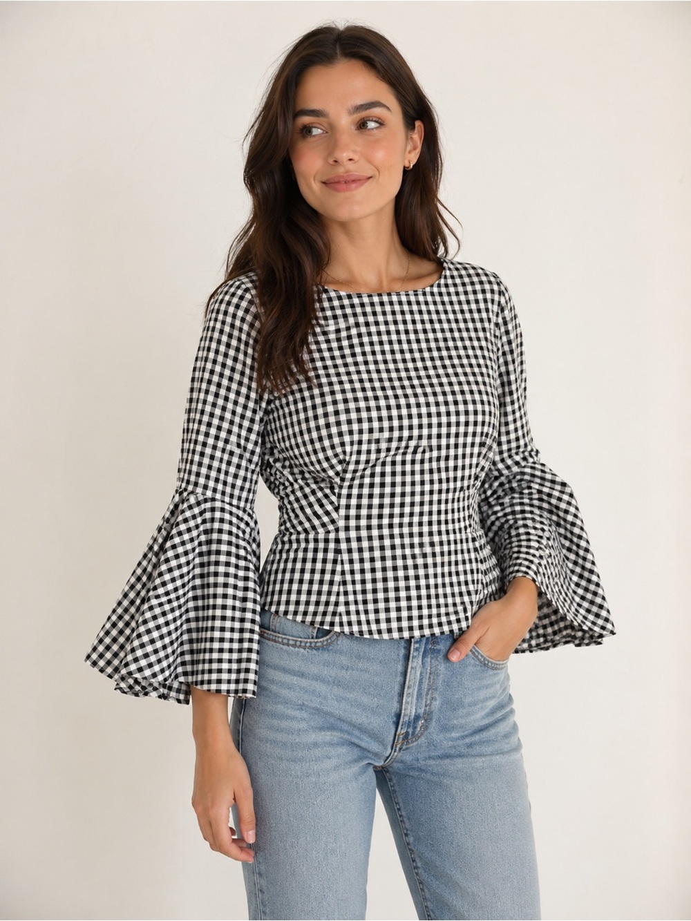 Nanette Lepore Black & White Gingham Bell Sleeve Top